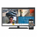 computador com quatro telas apresentando cenários de monitoramento por vídeo